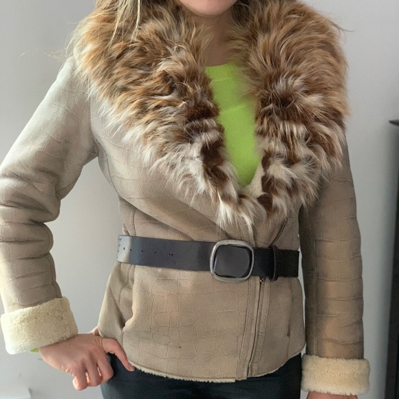 Italian 100% leather fur jacket fox fur beige - Picture 6 of 8